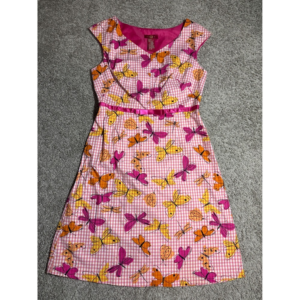 Sangria Pink Gingham Butterfly Dragonfly Dress Cap Sleeve Petite 8P CWRLE501